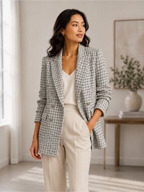 Zara Tweed Blazer Jacket in Ivory and Light Blue Multi
